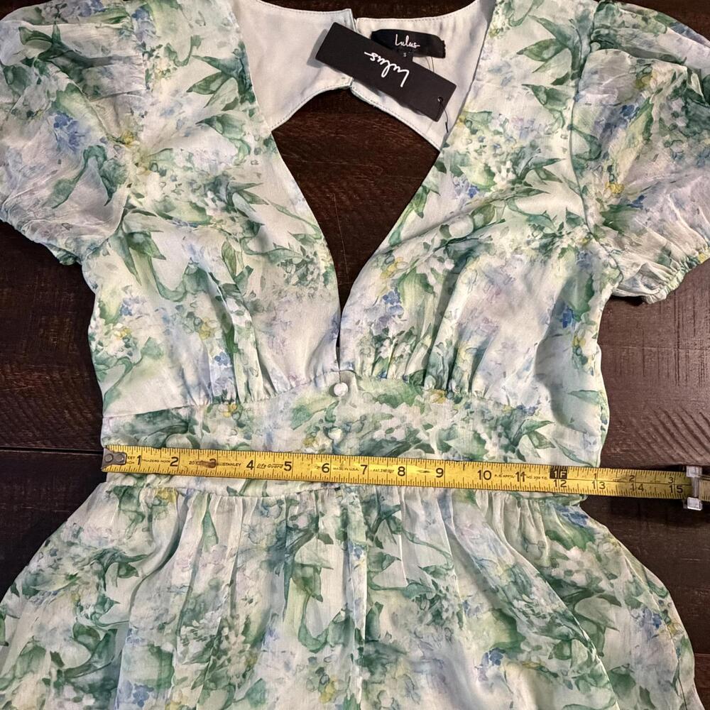 NWT Lulus Grateful Feelings Sage Green Floral Puff Sleeve Dress Small Spring - Picture 14 of 16